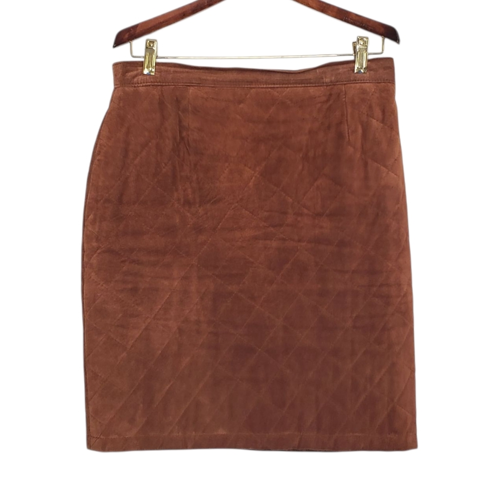 Vintage Quilted Faux Suede Skirt Brown Size 13/14 Lined Classic Simple